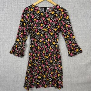 Old Navy Floral Dress Long Sleeve Bell Mini Black Pink Yellow‎ Sz S Y2K 90s Mini